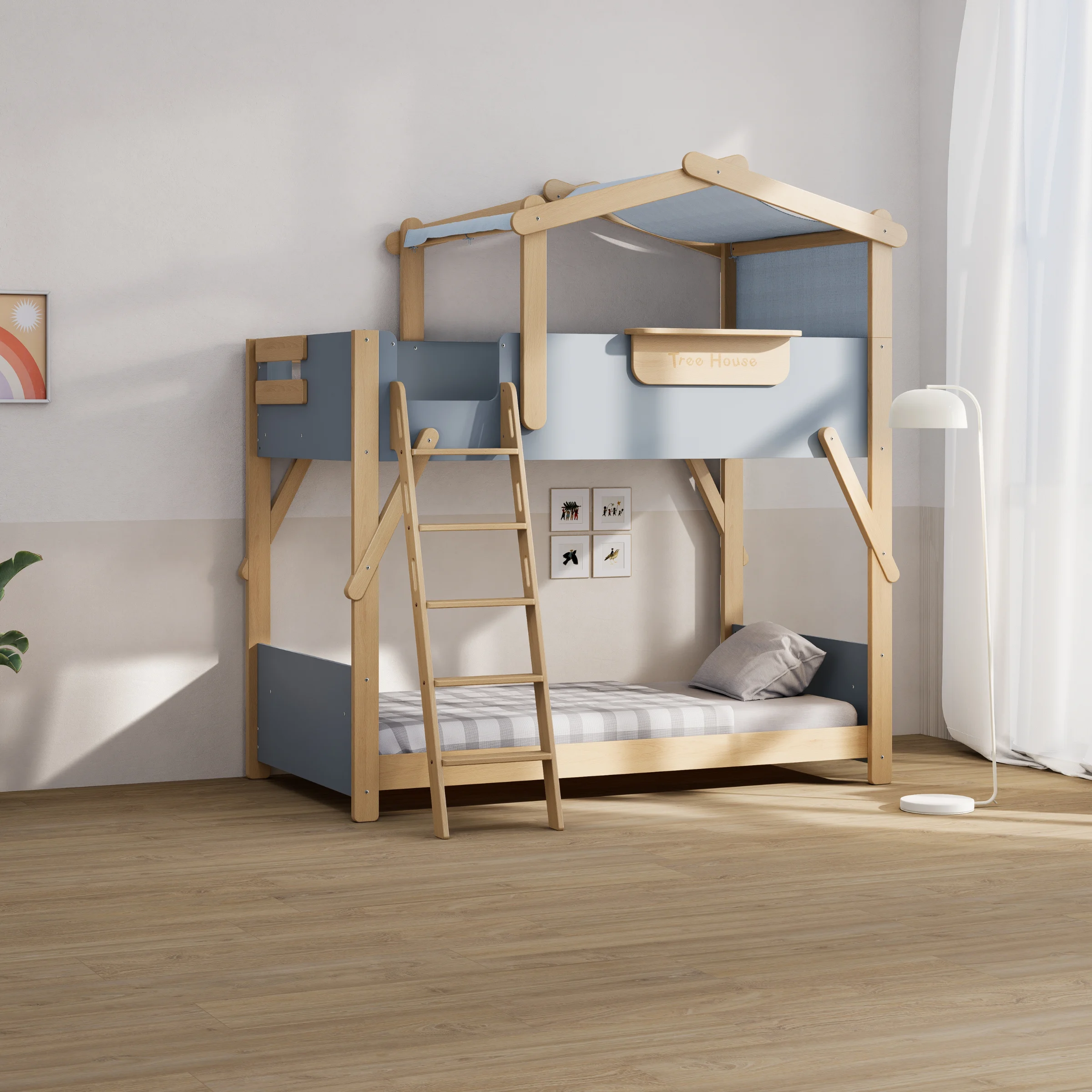 Boori Treehouse Kids King Single Bunk Bed + Roof Frame and Ladder with Tent Canopy, Blueberry and Beech