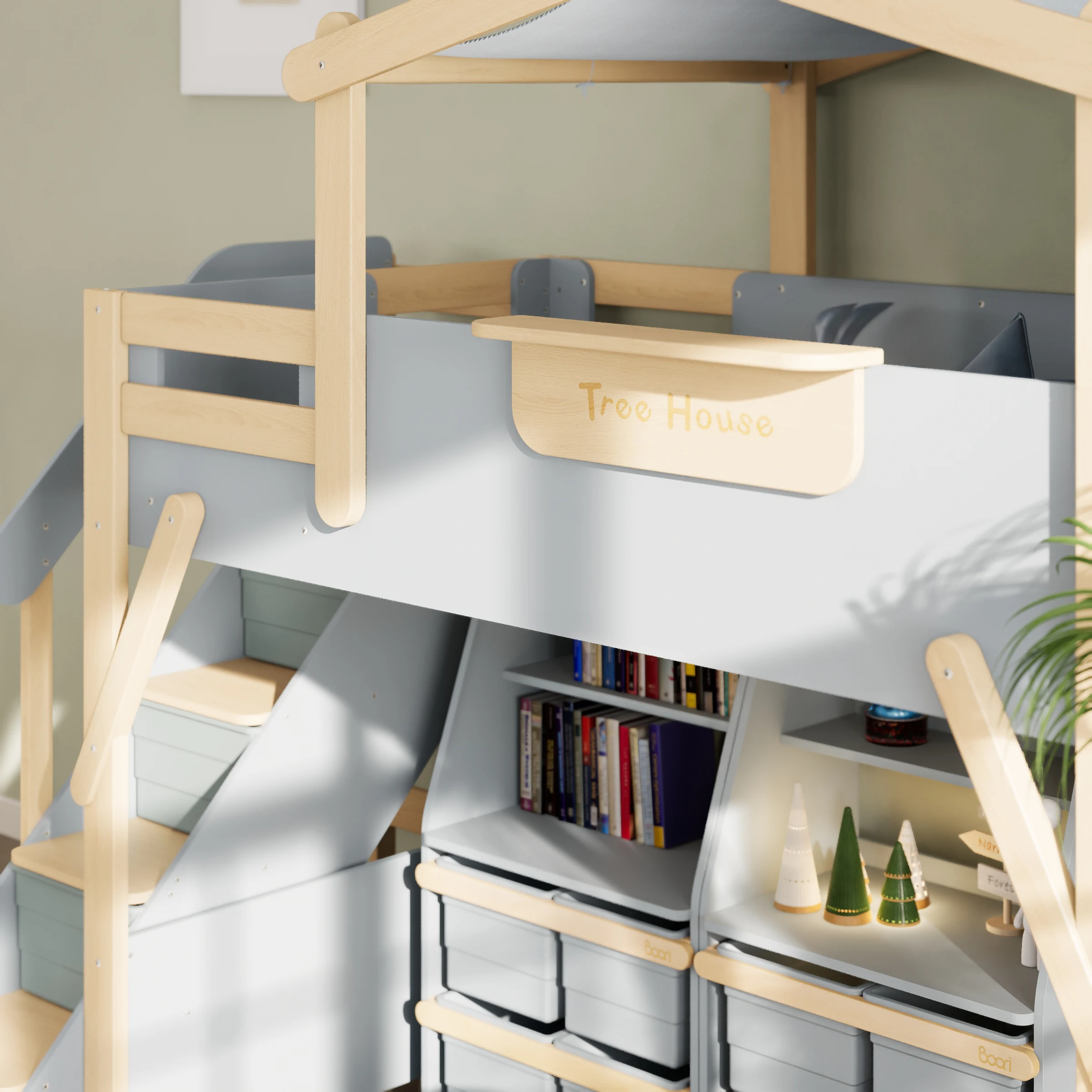 Boori Treehouse Kids King Single Loft Bed + Roof Frame and Storage Staircase with Tent Canopy, Blueberry and Beech