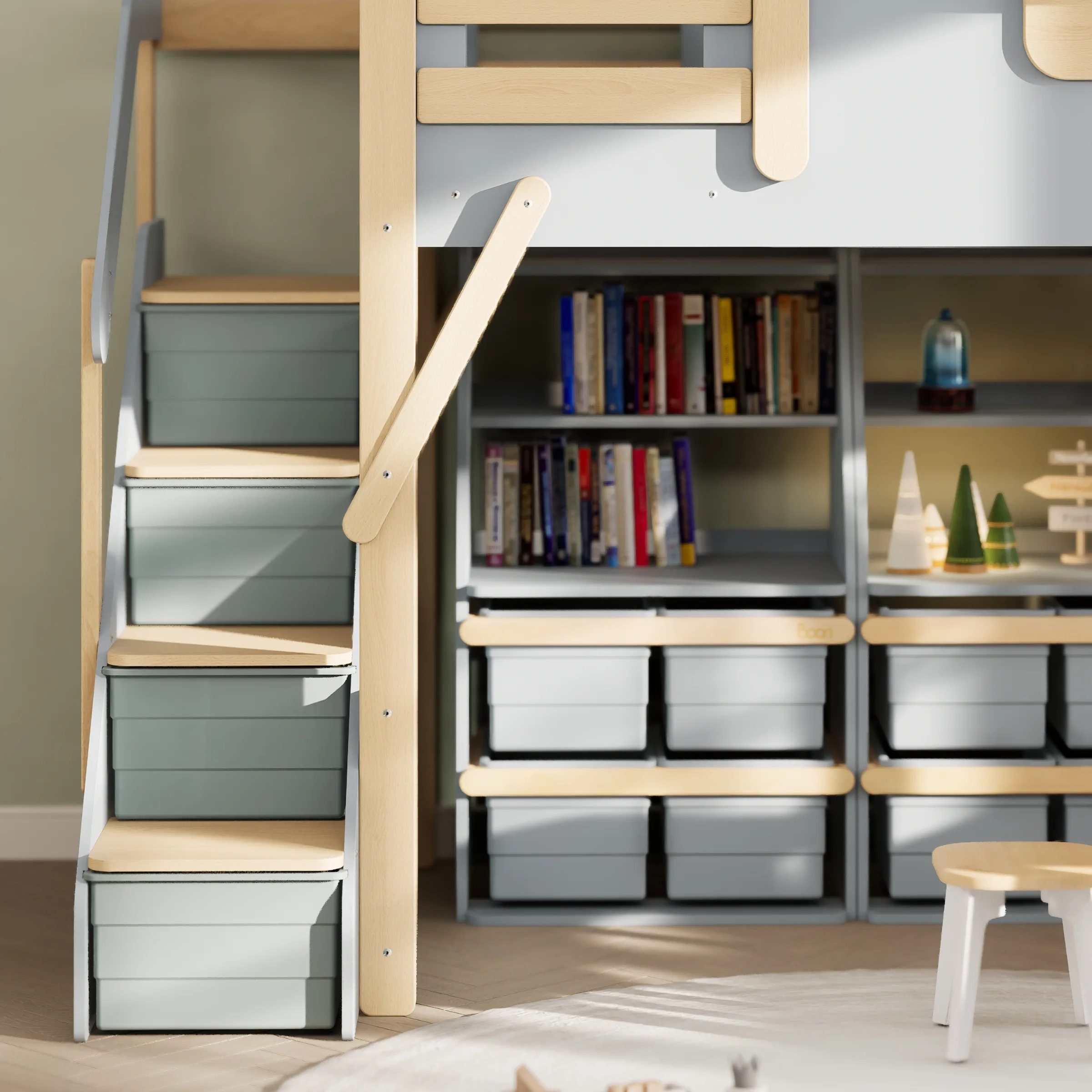 Boori Treehouse Kids King Single Loft Bed + Roof Frame and Storage Staircase with Tent Canopy, Blueberry and Beech