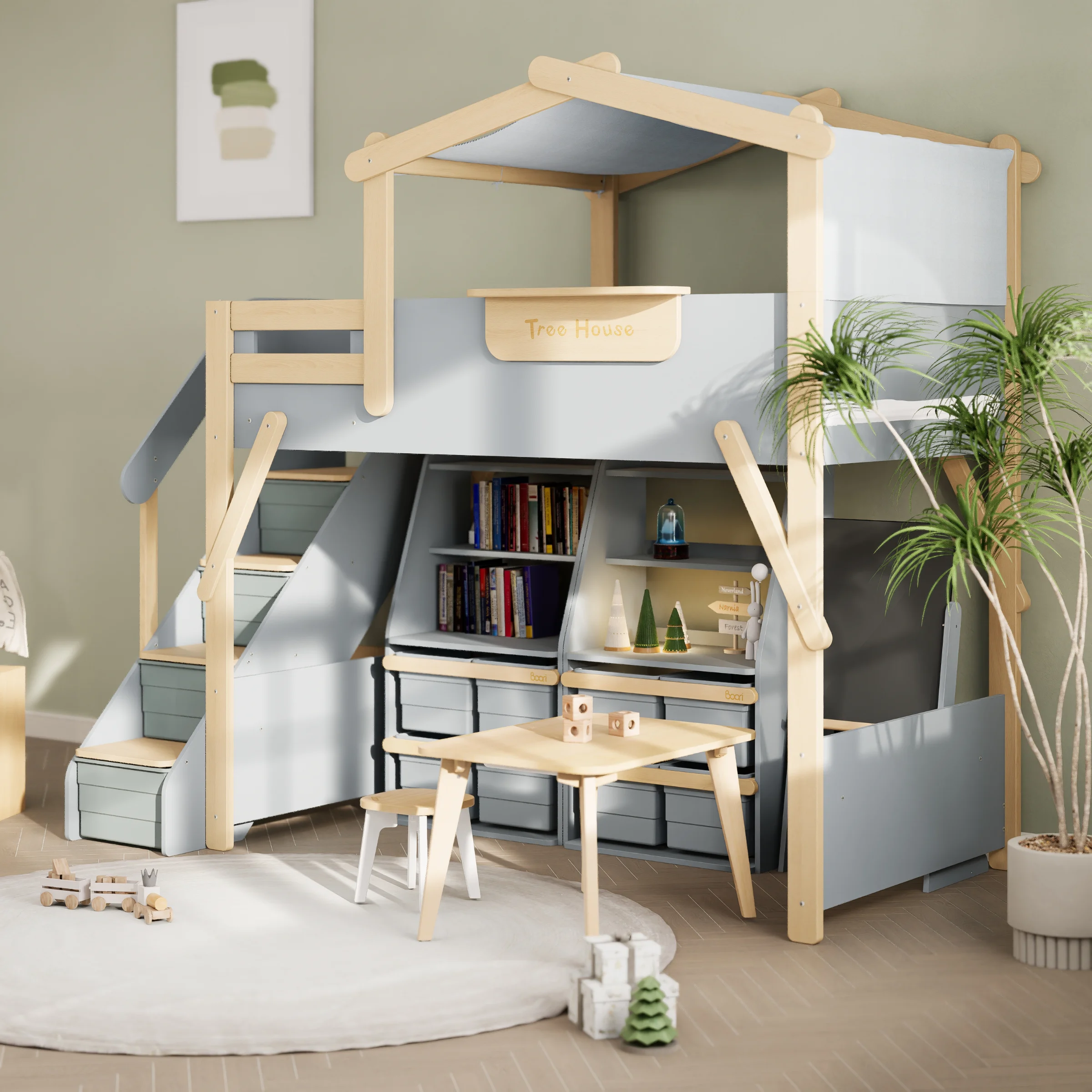 Boori Treehouse Kids King Single Loft Bed + Roof Frame and Storage Staircase with Tent Canopy, Blueberry and Beech