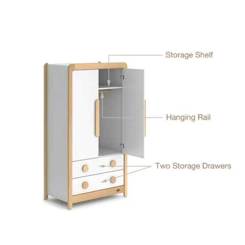 Boori Byron Kids 2 Door wardrobe with 2 drawers, Barley White and Beech