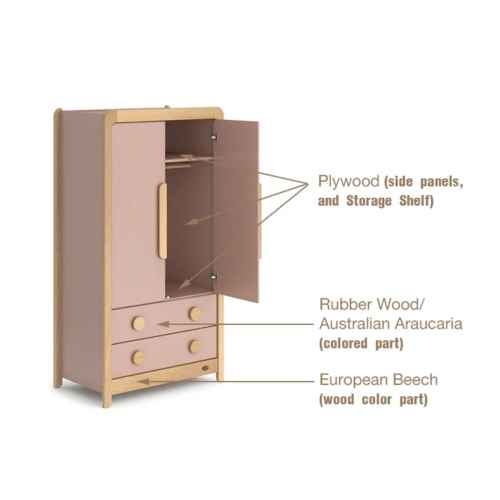 Boori Byron Kids 2 Door wardrobe with 2 drawers, Cherry and Beech