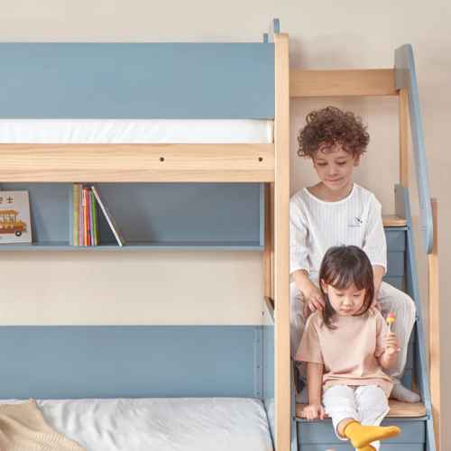 Boori Natty Kids King Single Bunk Bed with Storage Staircase, Blueberry and Almond