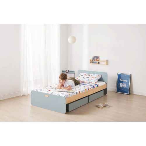 Boori Neat Kids Single Bed with 2 Underbed Storage Drawers, Blueberry and Almond