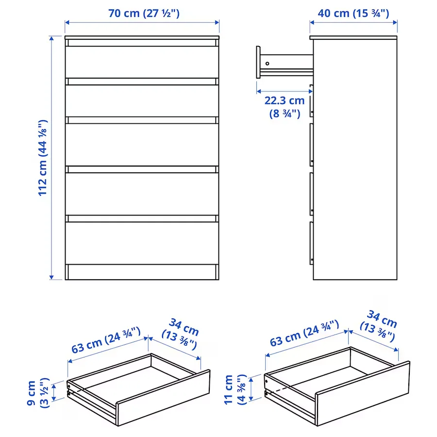 IKEA KULLEN Chest of 5 Drawers, White, 70x112cm