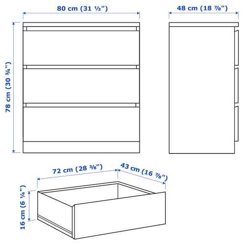 IKEA MALM Chest of 3 Drawers 80x78cm, White