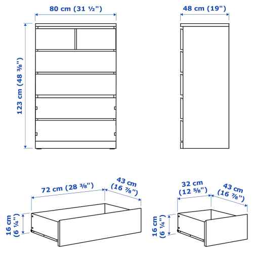 IKEA MALM Chest of 6 Drawers 80x123cm White