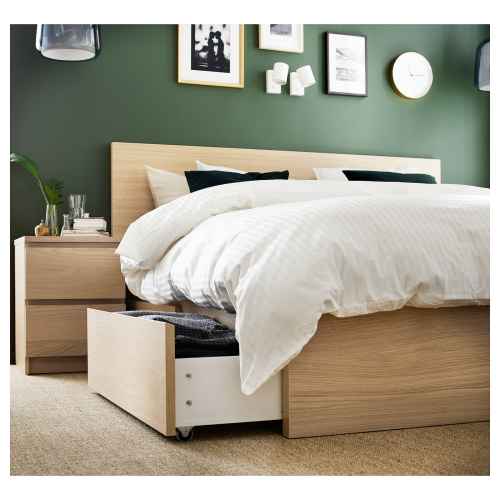 IKEA MALM Bed Frame, High, w 2 Storage Boxes 150x200cm, White Stained Oak Veneer