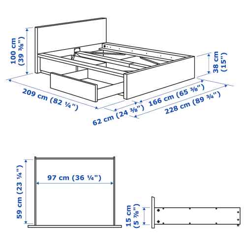 IKEA MALM Bed frame w 2 Storage Boxes 166X209cm Queen, White stained oak veneer