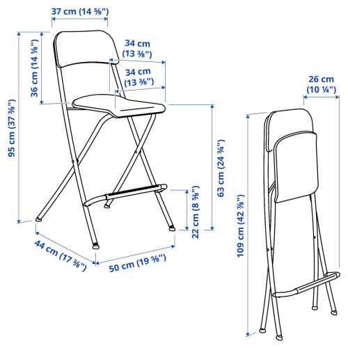 IKEA FRANKLIN Bar stool with backrest, Foldable 63cm White