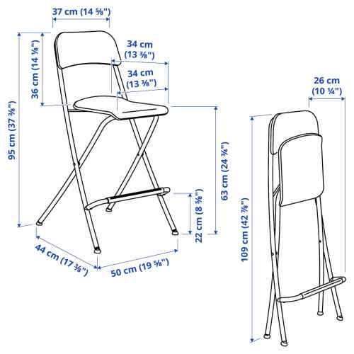 IKEA FRANKLIN Bar stool with backrest, Foldable  63cm White