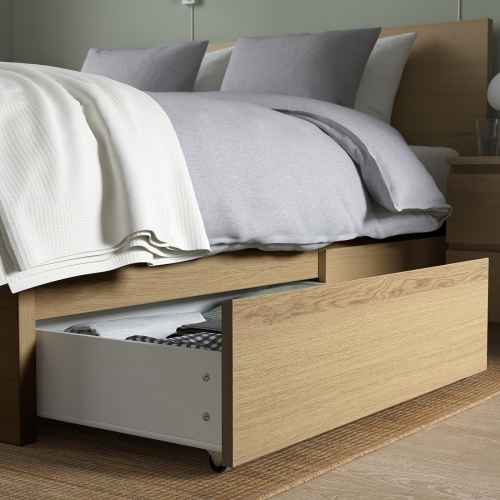 IKEA MALM Small Queen Bed With 4 Storage Boxes, High, White Stained Oak Veneer & Luroy