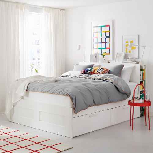 IKEA BRIMNES Bed Frame w Storage and Headboard 150x200CM White, Lonset