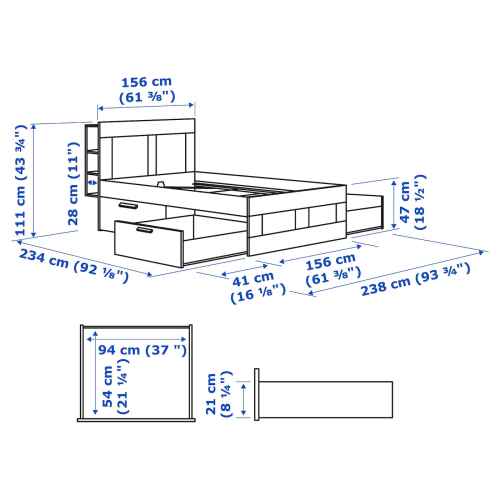 IKEA BRIMNES Bed Frame w Storage and Headboard 150x200CM White, Lonset