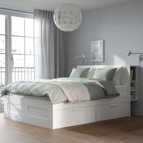 IKEA BRIMNES Super King Bed Frame with Storage and Headboard, White & Lonset