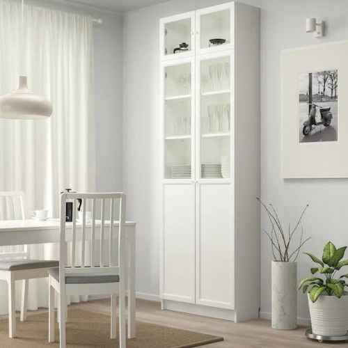IKEA BILLY Bookcase W Hght extension, Panel/Glass doors, 80x30x237cm, White