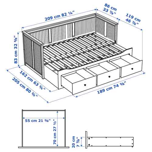 IKEA HEMNES Day-bed frame with 3 drawers 89x209cm White