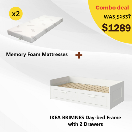 IKEA BRIMNES Day-bed Frame and 2 Memory Foam Mattresses Combo, 80x200cm