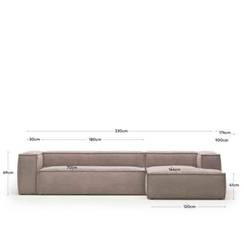 Kave Home BLOK 4-Seat Modular Sofa with Right Chaise, Corduroy, Pink