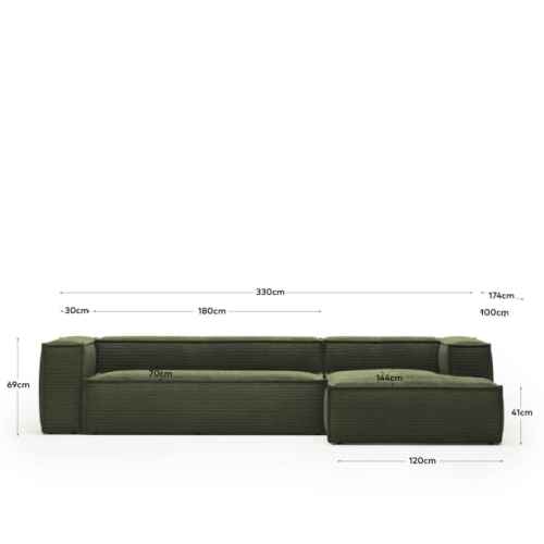 Kave Home Blok 4-Seat Modular Sofa with Right Chaise, Corduroy, Green