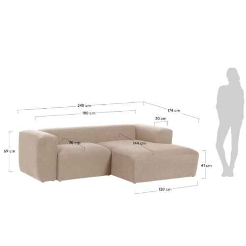 Kave Home Blok 2-Seat Modular Sofa with Right Chaise, Beige