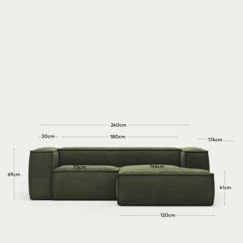 Kave Home Blok 2-Seat Modular Sofa with Right Chaise, Corduroy, Green