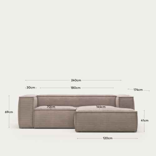 Kave Home Blok 2-Seat Modular Sofa with Right Chaise, Corduroy, Pink