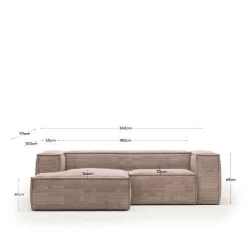 Kave Home Blok 2-Seat Modular Sofa with Left Chaise, Corduroy, Pink