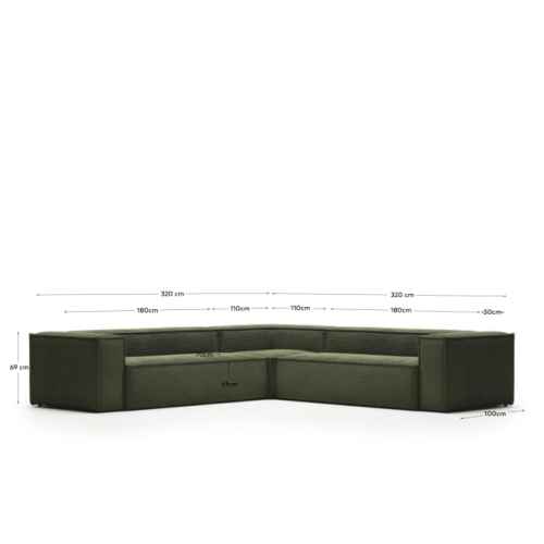 Kave Home BLOK 6-Seat Corner Sofa, Corduroy, Green