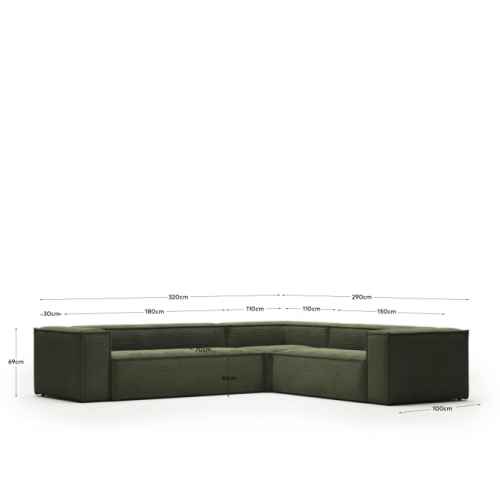 Kave Home BLOK 5-Seat Corner Sofa, Corduroy, Green