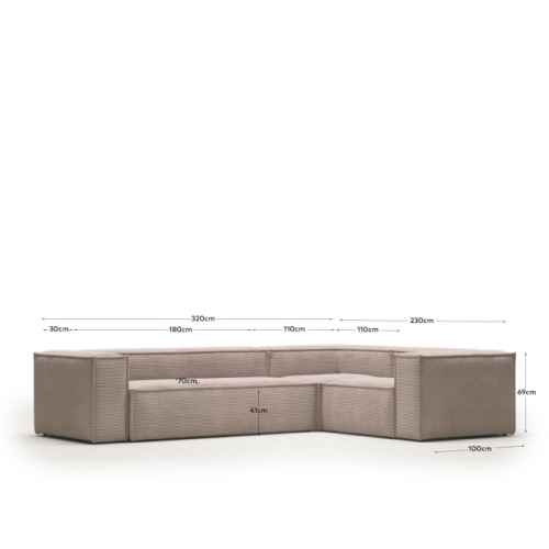 Kave Home BLOK 4-Seat Corner Sofa, Corduroy, 320x230cm, Pink