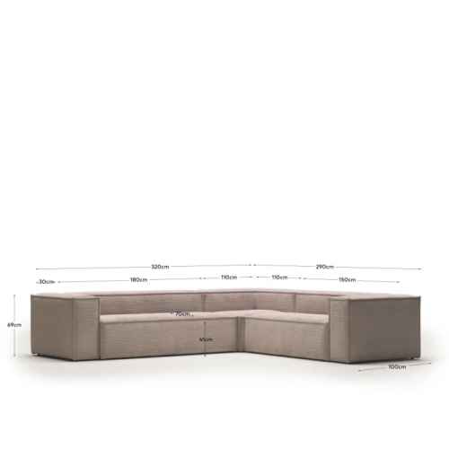 Kave Home Blok 5-Seat Corner Sofa, Corduroy, Pink