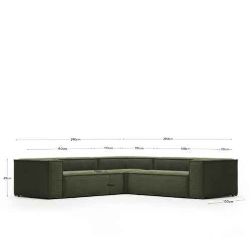 Kave Home BLOK 4-Seat Corner Sofa, Corduroy, 290x290cm, Green