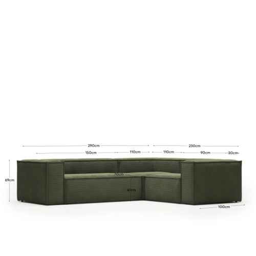 Kave Home Blok 3-Seat Corner Sofa, Corduroy, Green