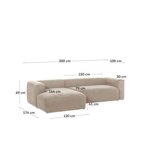 Kave Home Blok 3-Seat Modular Sofa with Left Chaise, Beige