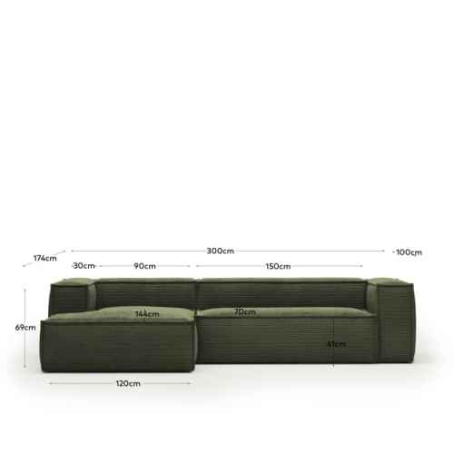 Kave Home Blok 3-Seat Modular Sofa with Left Chaise, Corduroy, Green