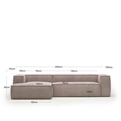 Kave Home Blok 3-Seat Modular Sofa with Left Chaise, Corduroy, Pink