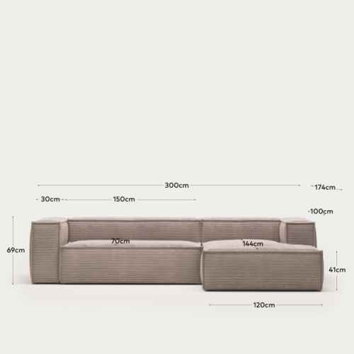 Kave Home Blok 3-Seat Modular Sofa with Right Chaise, Corduroy, Pink