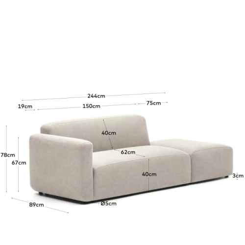 Kave Home Neom 2-Seat Modular Sofa with Ottoman, Beige