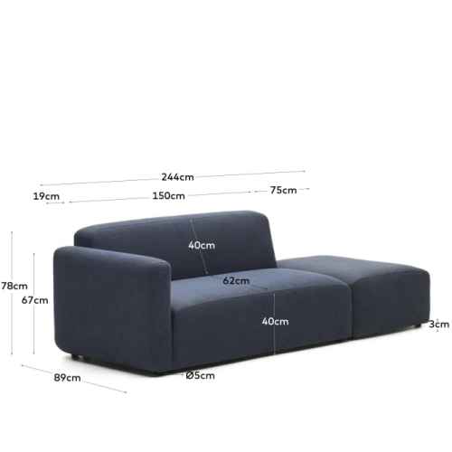 Kave Home Neom 2-Seat Modular Sofa with Ottoman, Blue