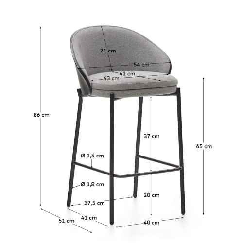 Kave Home Eamy Bar Stool, Grey & Black, 65cm