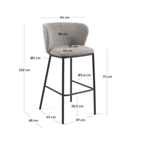 Kave Home Ciselia Shearling Bar Stool, Grey, 77cm