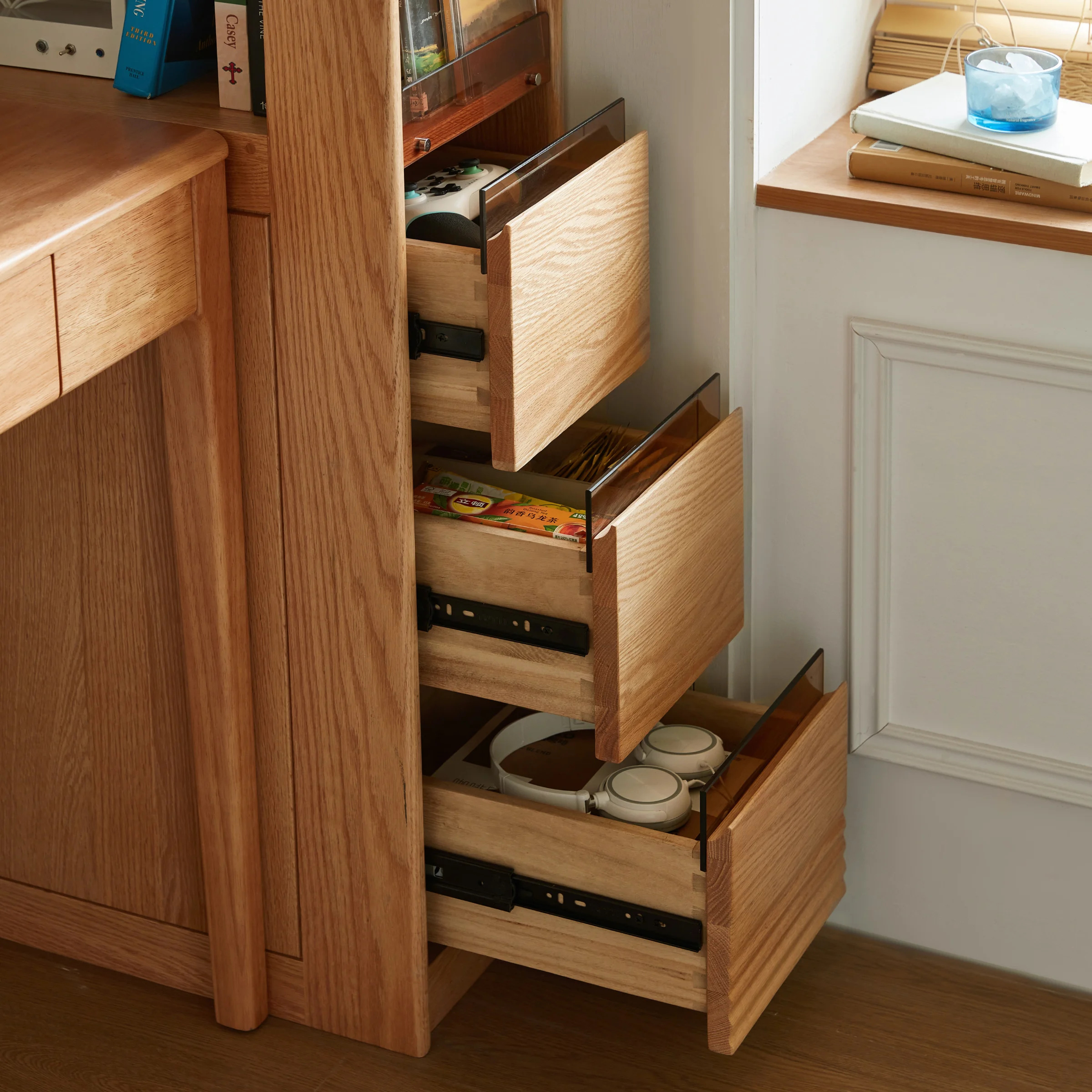 Linspire Oaklyn Solid Oak Slim Display Cabinet with Drawers