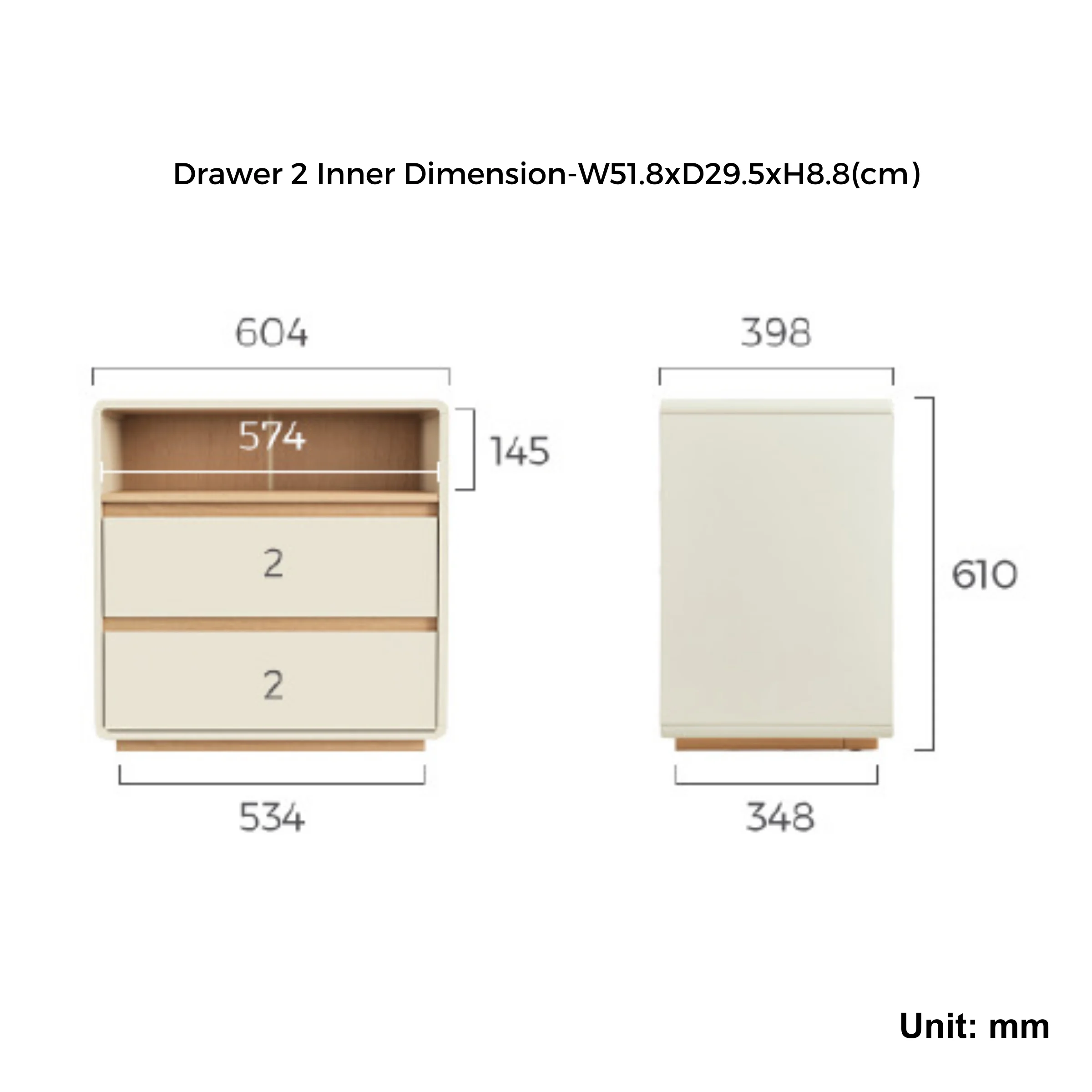 Linspire Evoke Chest of 2 Drawers with Open Storage, 0.6m