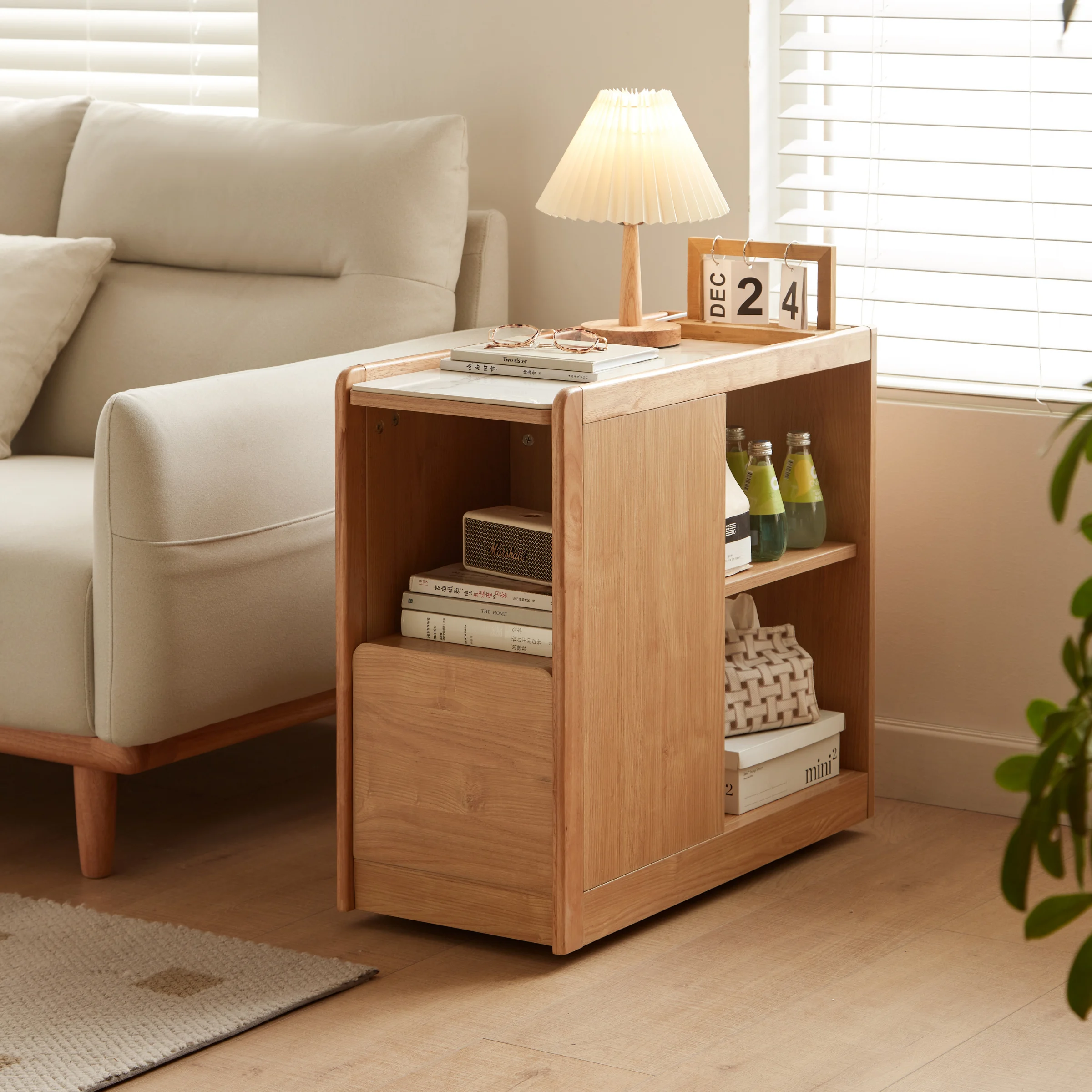 Linspire Cubby Sintered Stone Top Side Table with Castors, 30x70x62cm, Natural