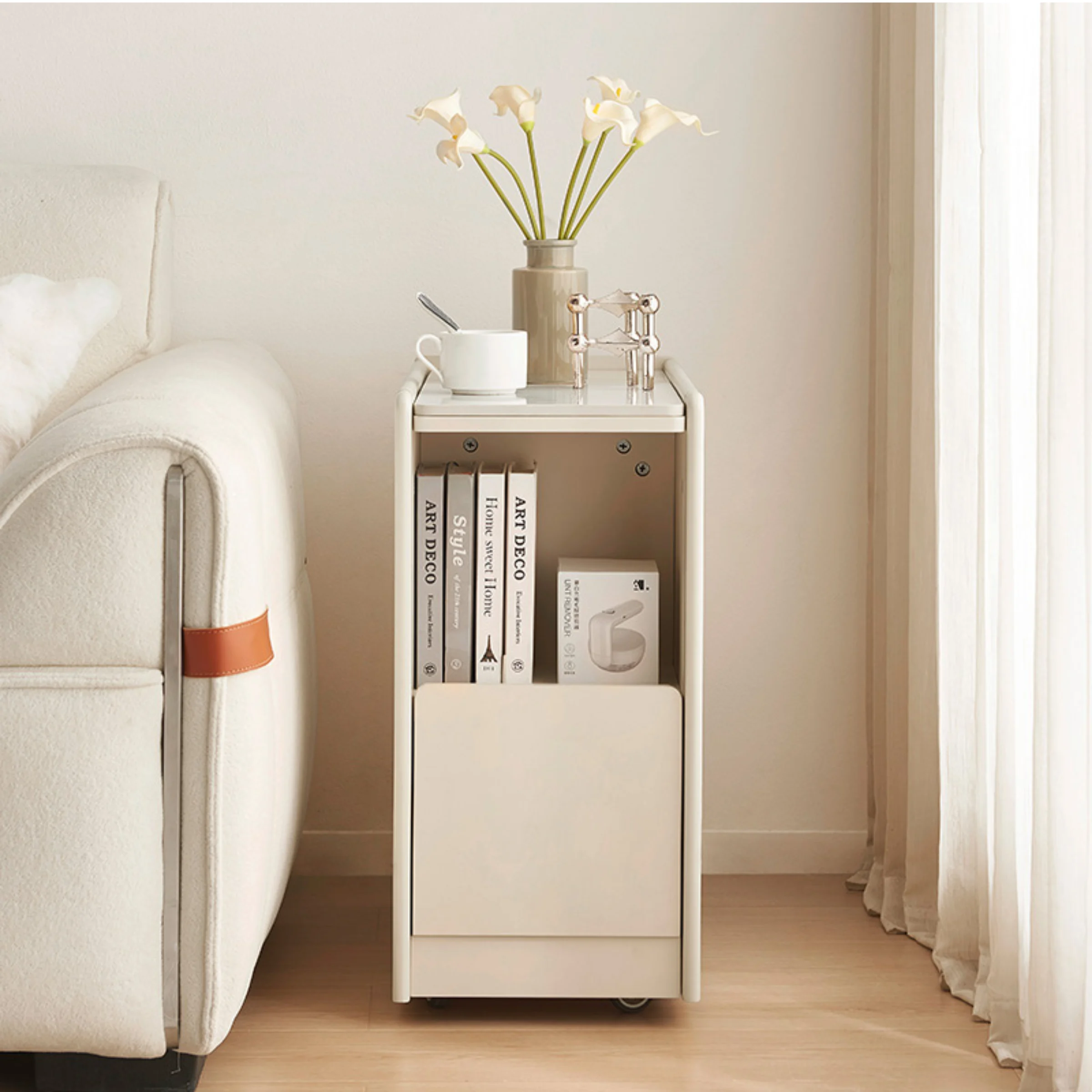 Linspire Cubby Sintered Stone Top Side Table with Castors, 30x63x63cm, Off-White