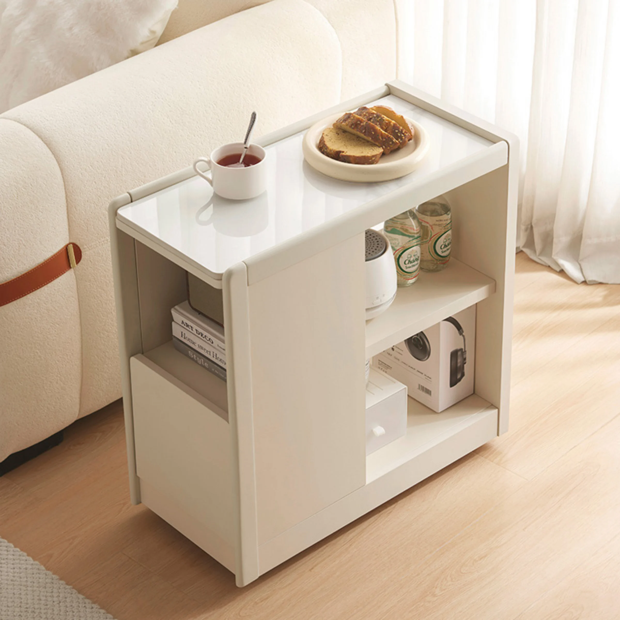 Linspire Cubby Sintered Stone Top Side Table with Castors, 30x63x63cm, Off-White