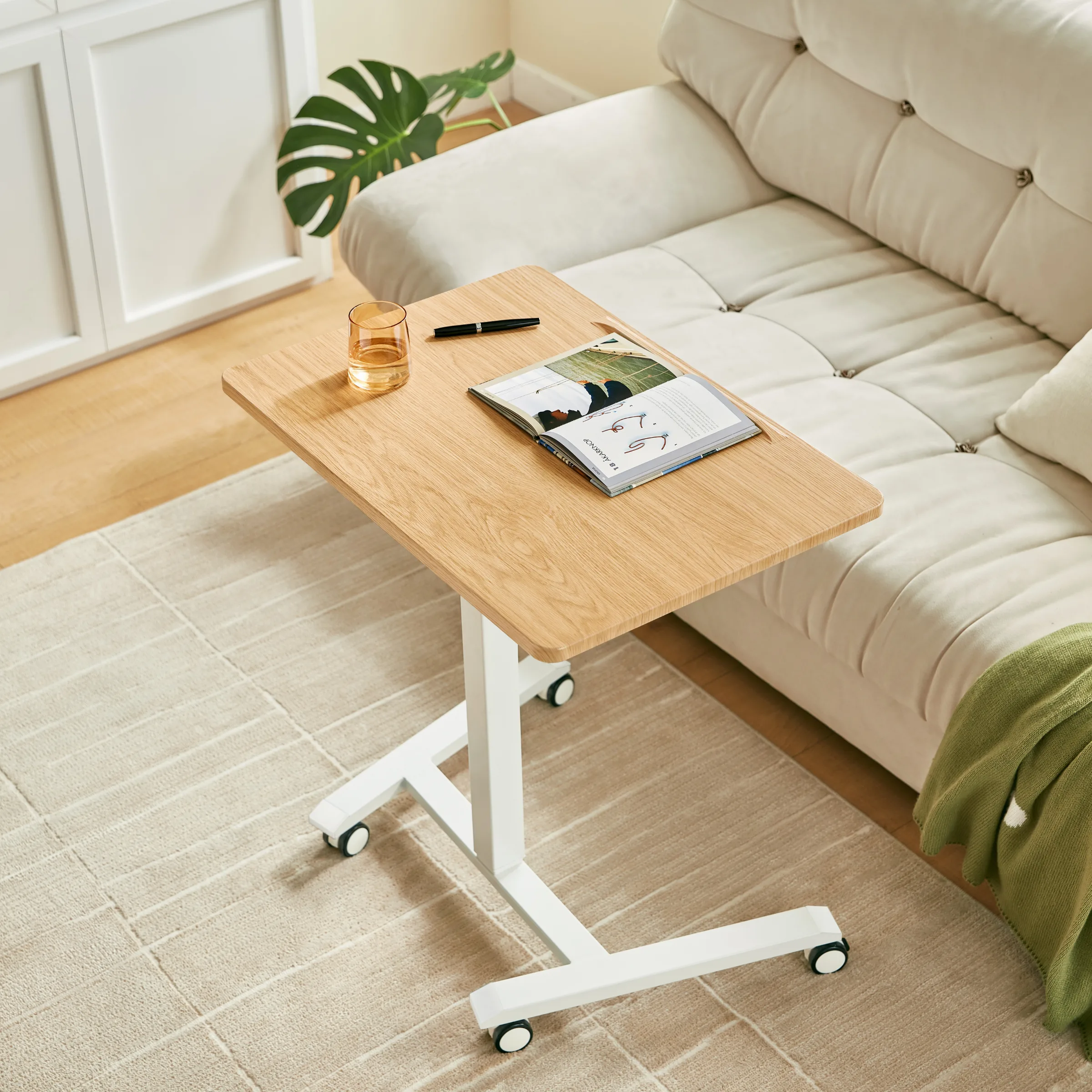 Linspire Islet Height Adjustable Pneumatic Side Table with Castors, Natural & White