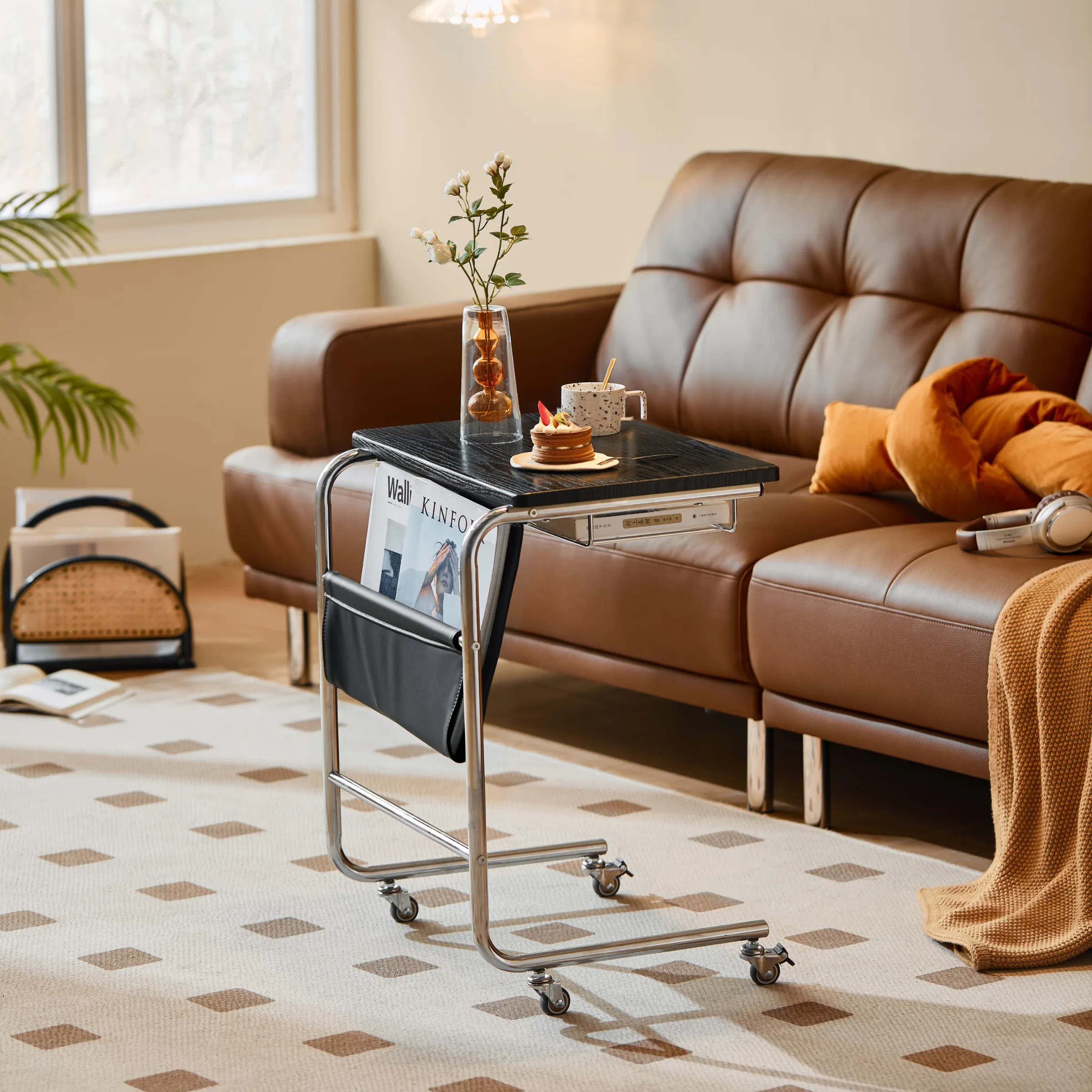 Linspire Trend Rolling Side Table with Storage, Black