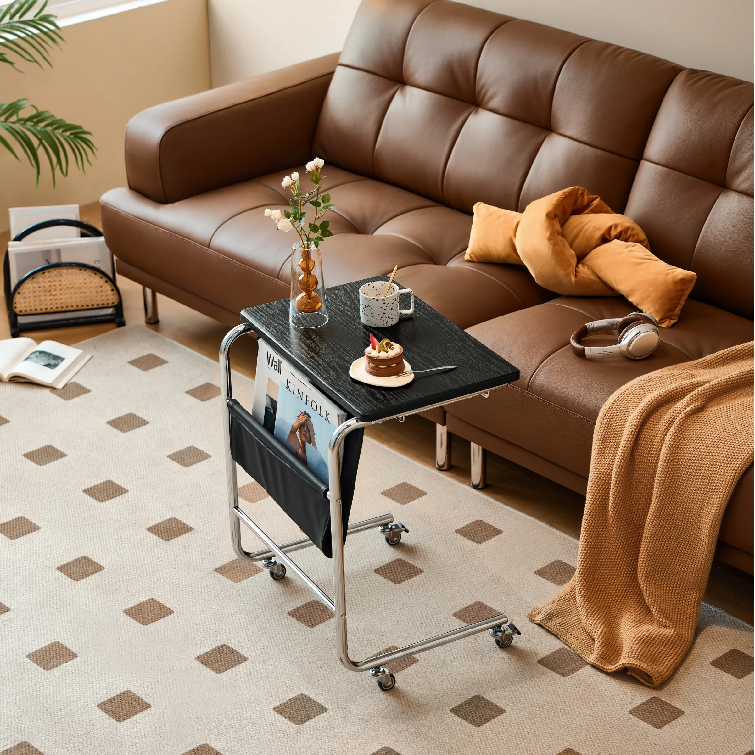 Linspire Trend Rolling Side Table with Storage, Black